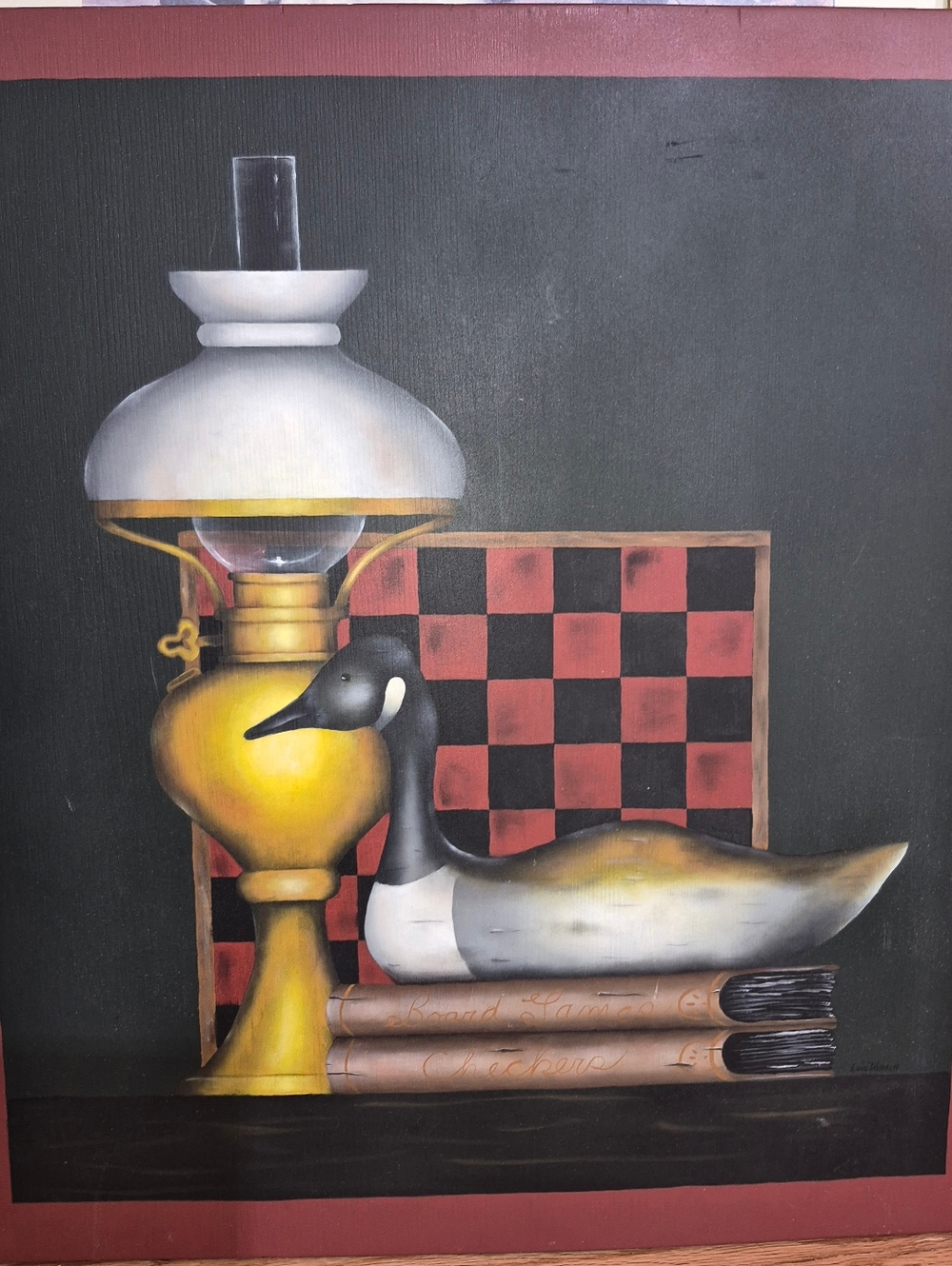 Original Oil painting on Wood featuring a duck decoy,Brass Oil Lamp,Checkerboard